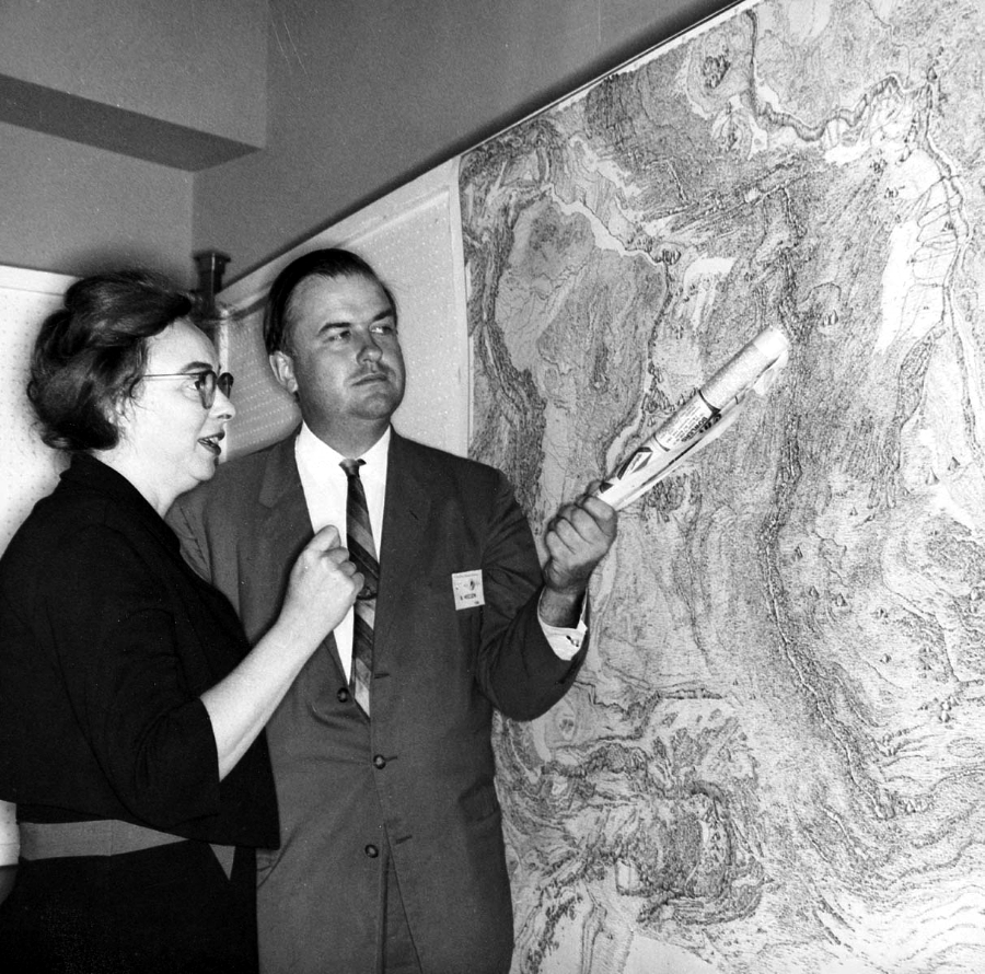 Marie Tharp and Bruce Heezen check their mid-Atlantic Ridge features [Courtesy Lamont-Doherty Earth Observatory Columbia University Earth Institute]